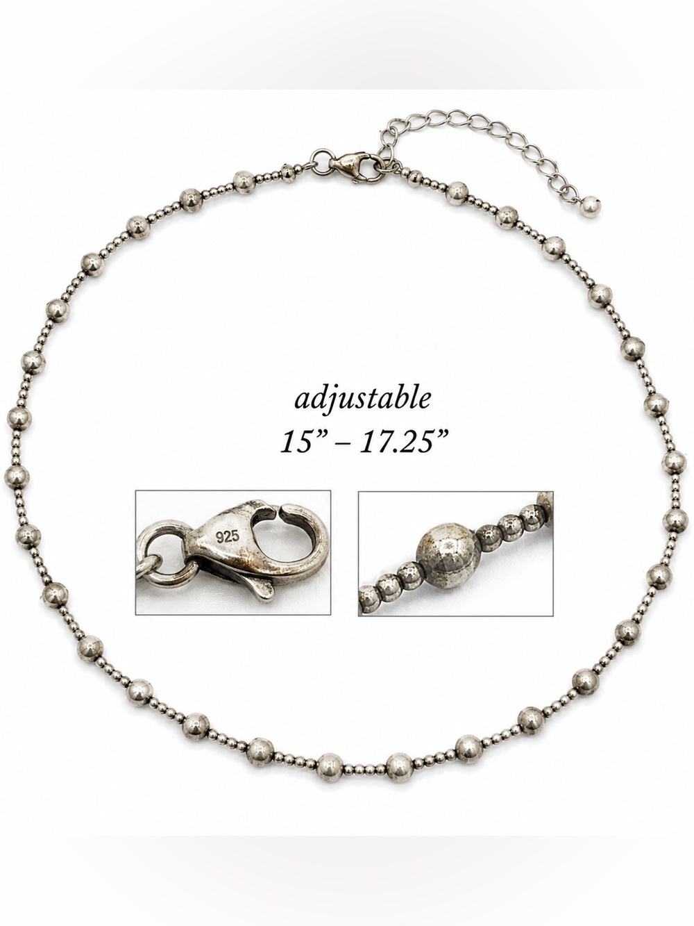 Sterling Silver 925 Beaded Choker Necklace Adjustable Dainty 15-17.25